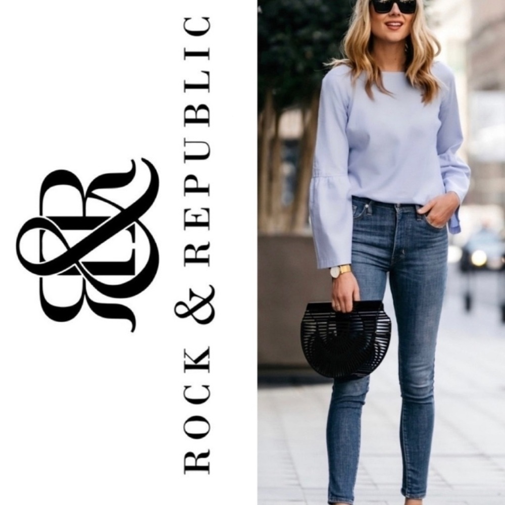 Rock & Republic® Berlin Dark Blue Denim Embossed R&R Logo Skinny Jeans Sz 6 EUC